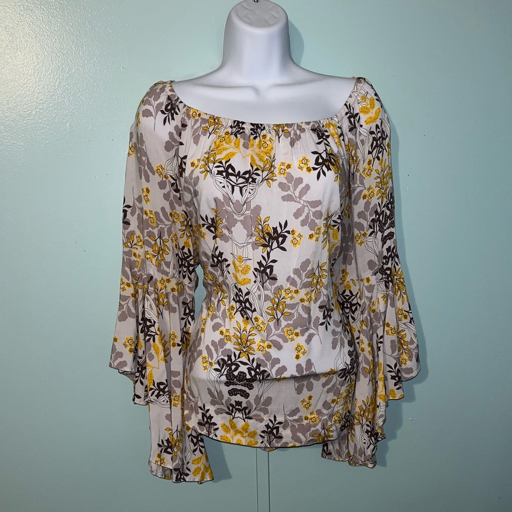Fever Blouse Size‎ Large Yellow Brown Bell Sleeves
